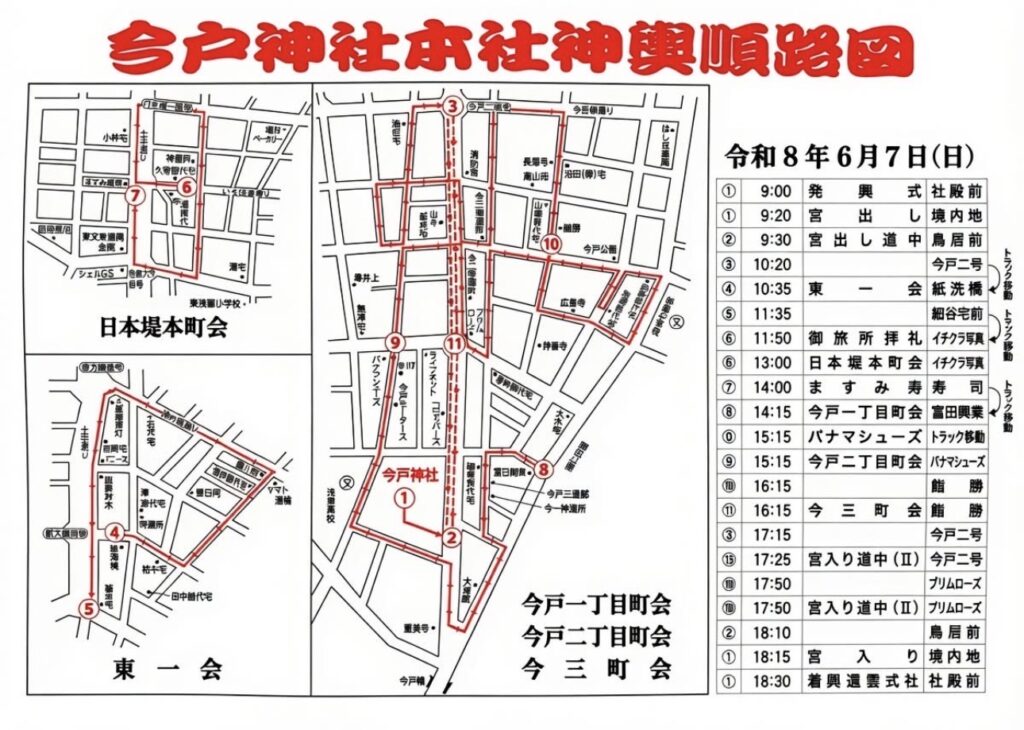 今戸神社大祭2026 本社神輿渡御の順路図